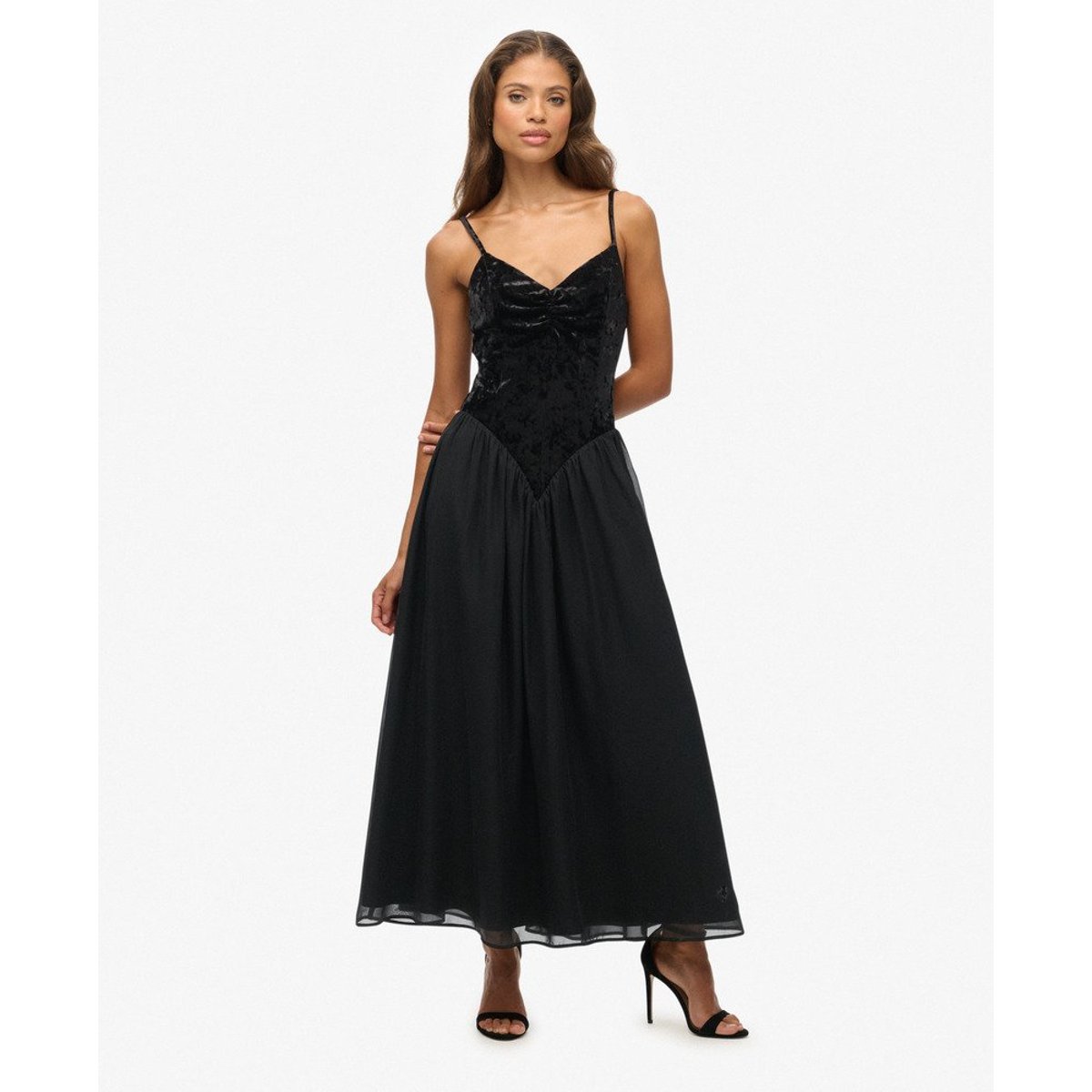 Robe Midi Corset en Velours noir, SUPERDRY