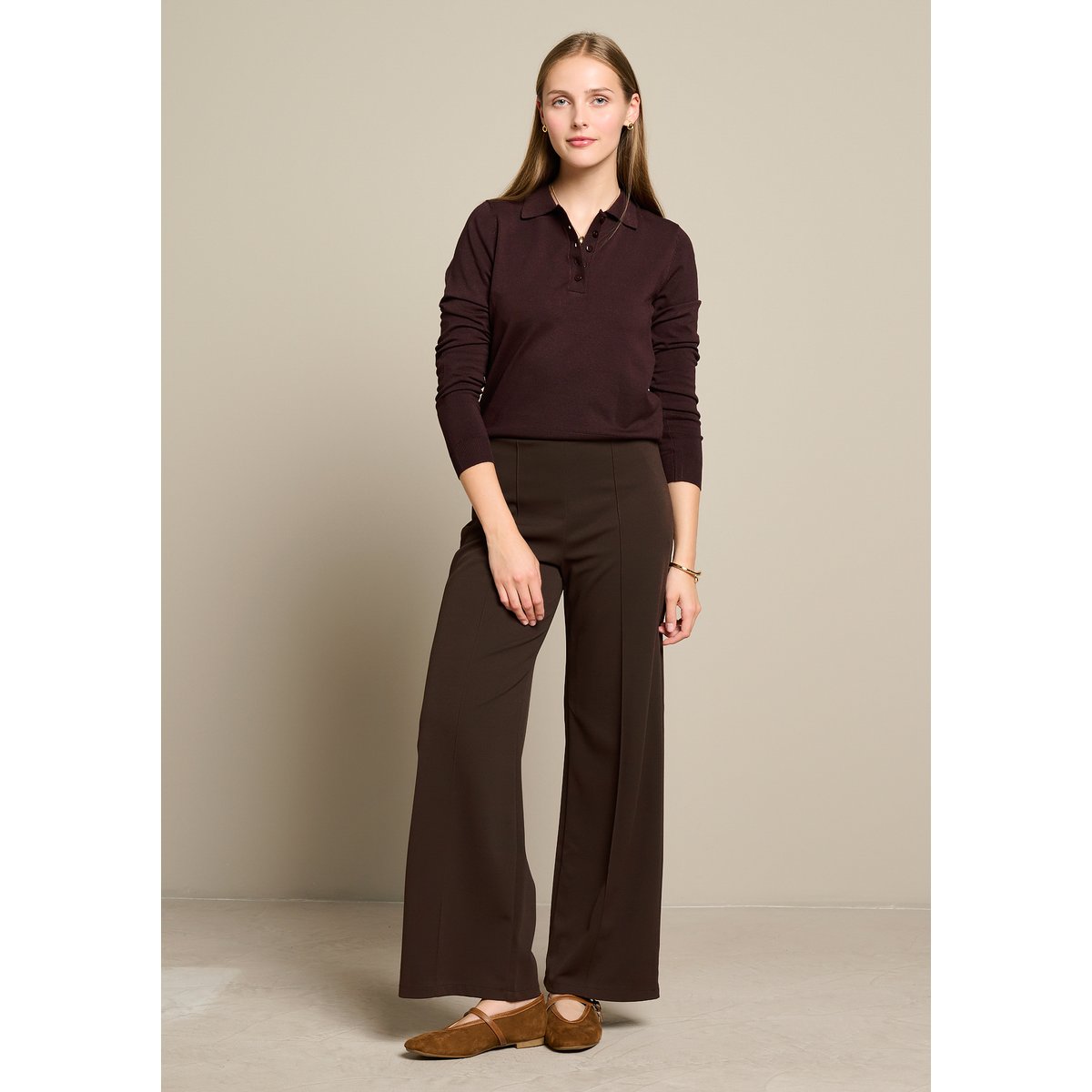 Pantalon jambes larges brun fonce chocolate, LOLALIZA