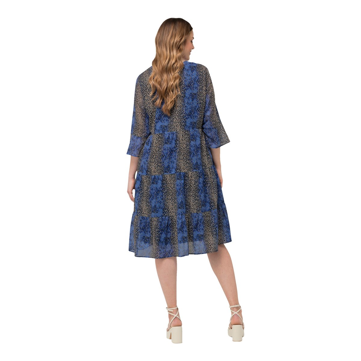 Robe midi à manches 3/4 volantées. marine, ULLA POPKEN