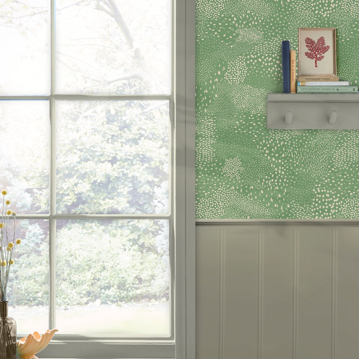 Papier peint Semis fleuri de printemps vert, JOULES