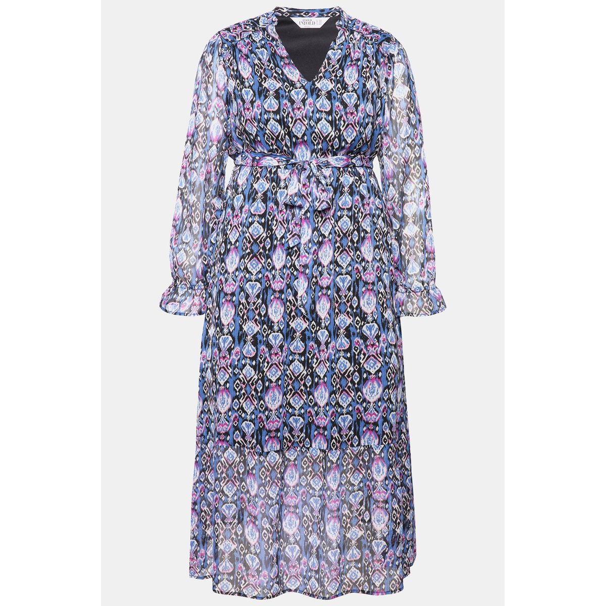 Robe maxi coupe évasée, imprimé graphique bleu jean, STUDIO UNTOLD