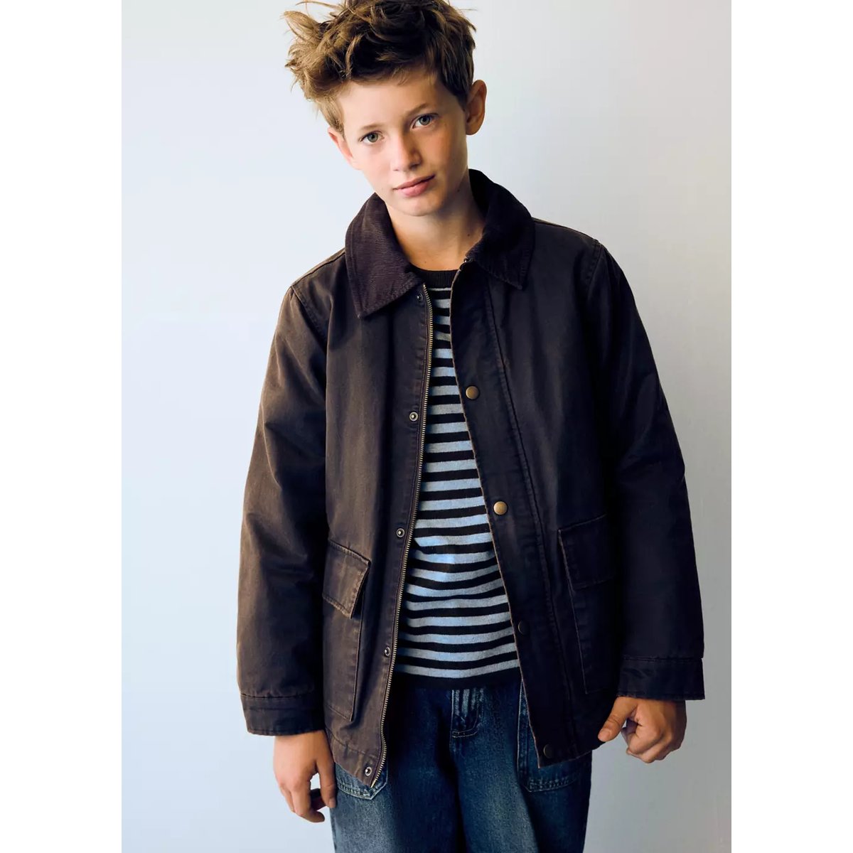 Manteau en sergé à col en velours côtelé marron, MANGO KIDS