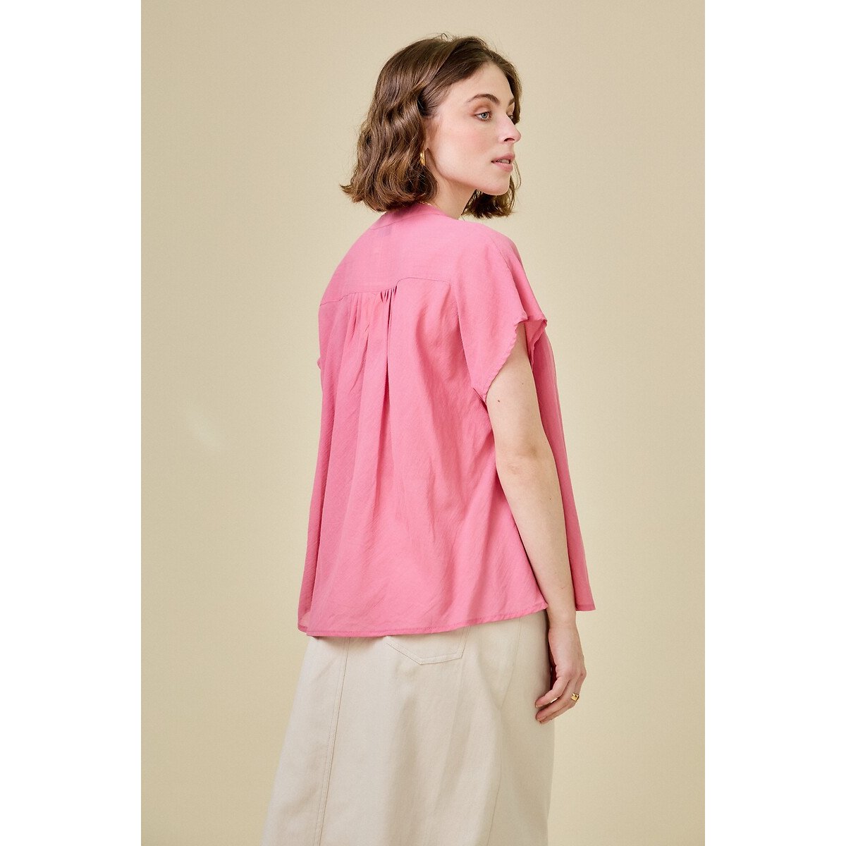V-Neck Short Sleeve Blouse pink, SEE U SOON