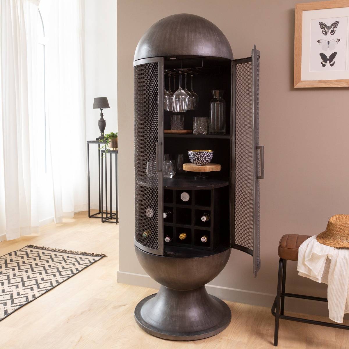 Meuble bar en métal arrondi LOCKER noir, MADE IN MEUBLES