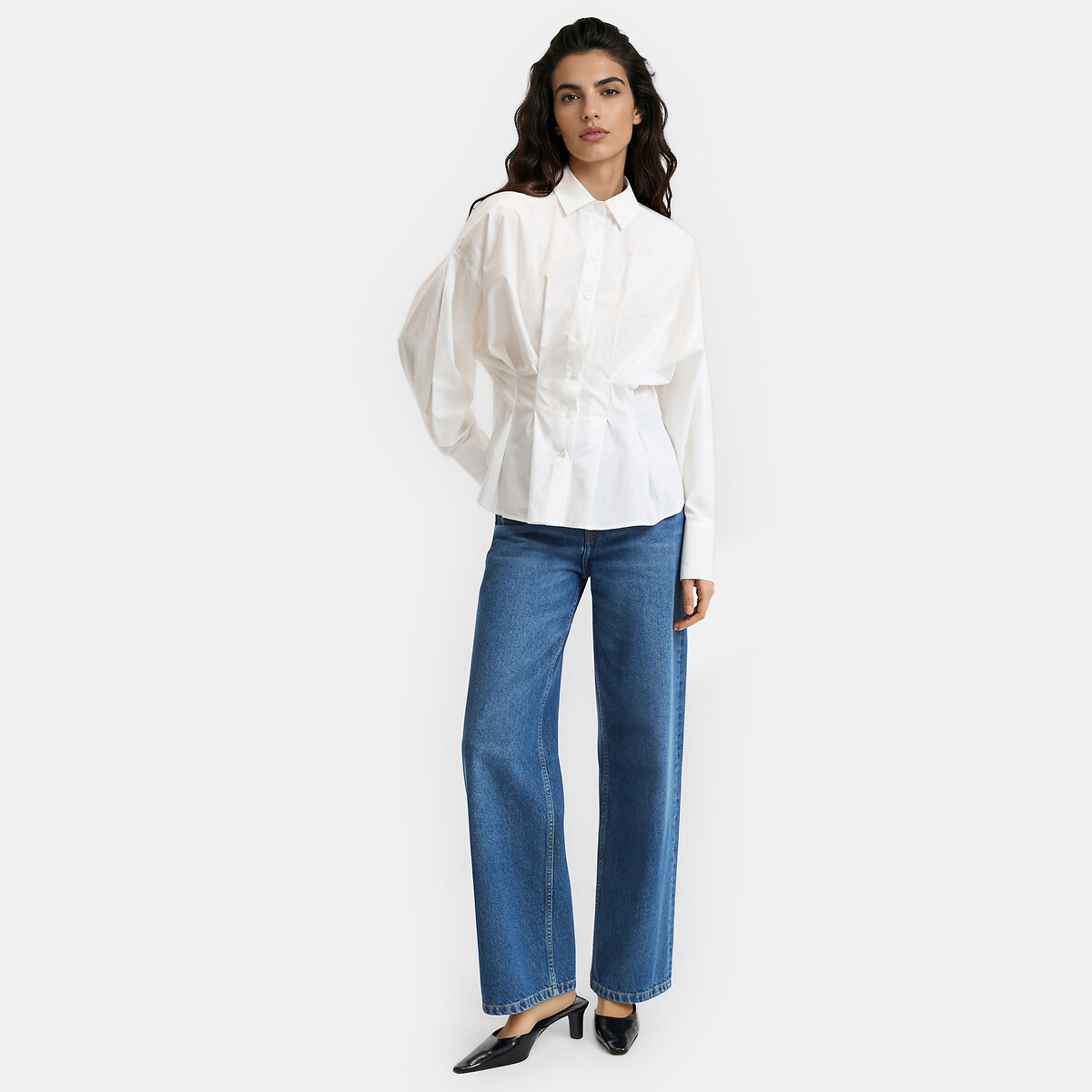 Chemise manches longues cintrée avec plis blanc, LA REDOUTE COLLECTIONS