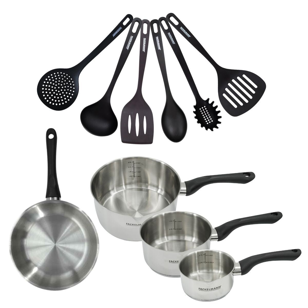 Batterie 1 poêle 24cm + 3 casseroles 12/16/20cm GENEVA inox|noir, FACKELMANN