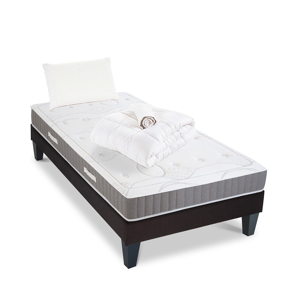Pack Intuition 140x190 cm Matelas Mousse + Sommier Bois + Accessoires blanc, OLYMPE LITERIE