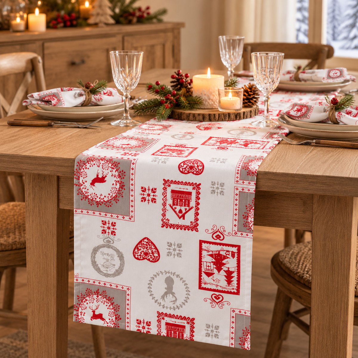 Chemin de table WINTER – Esprit chalet montagne blanc, LINANDELLE