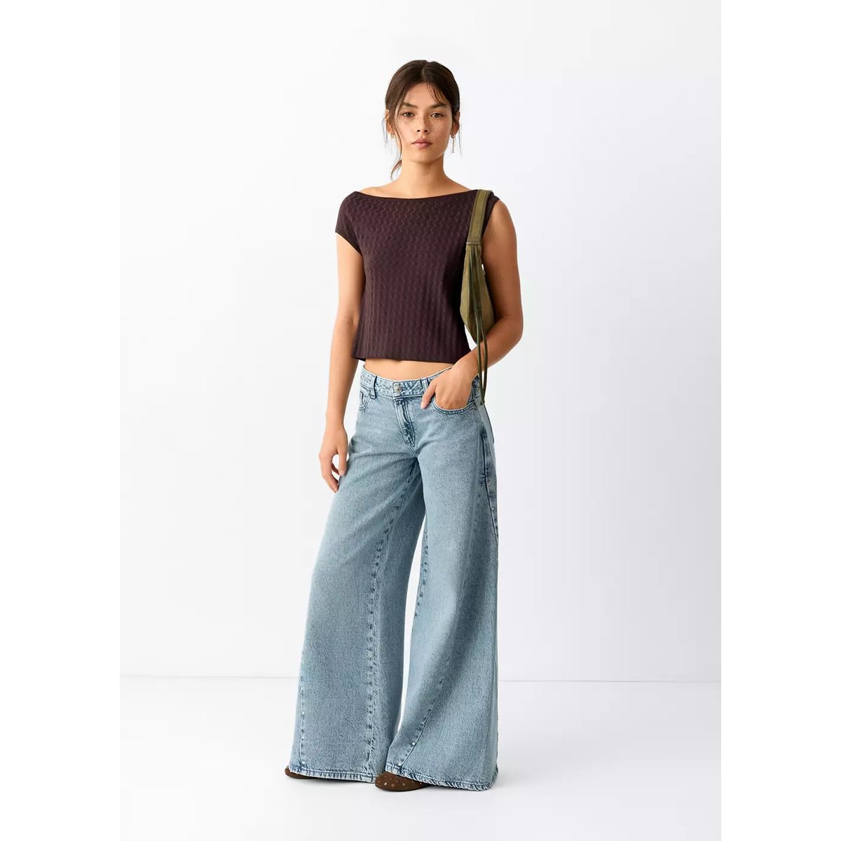 Jean wide leg coutures et clous bleu moyen, MANGO TEEN
