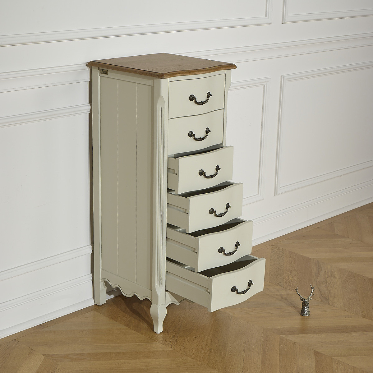 Colonne de rangement style classique, plateau en chêne, 6 tiroirs ORIANE blanc, ROBIN DES BOIS