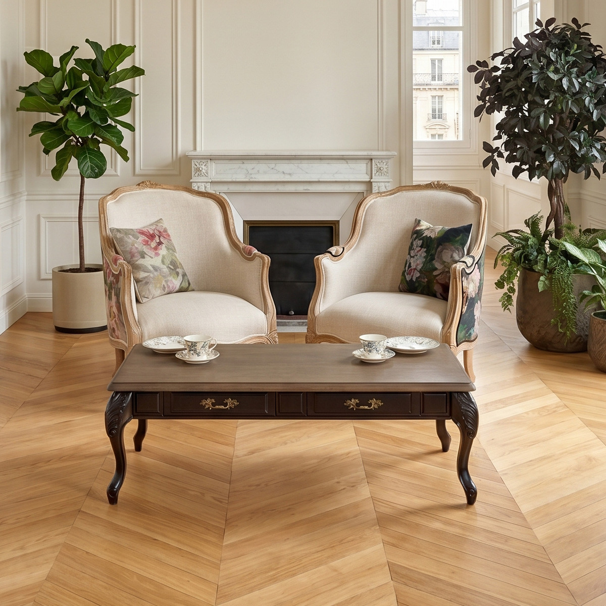 Table basse rectangulaire style shabby chic, plateau en chêne MARIANNE noir, ROBIN DES BOIS