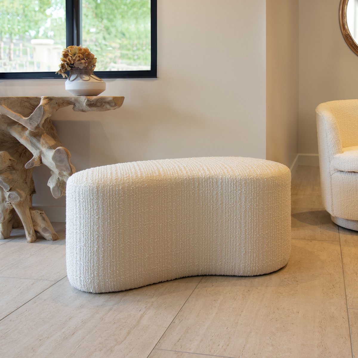 Banc en bouclette et structure en bois, MALO ecru, NOW'S HOME