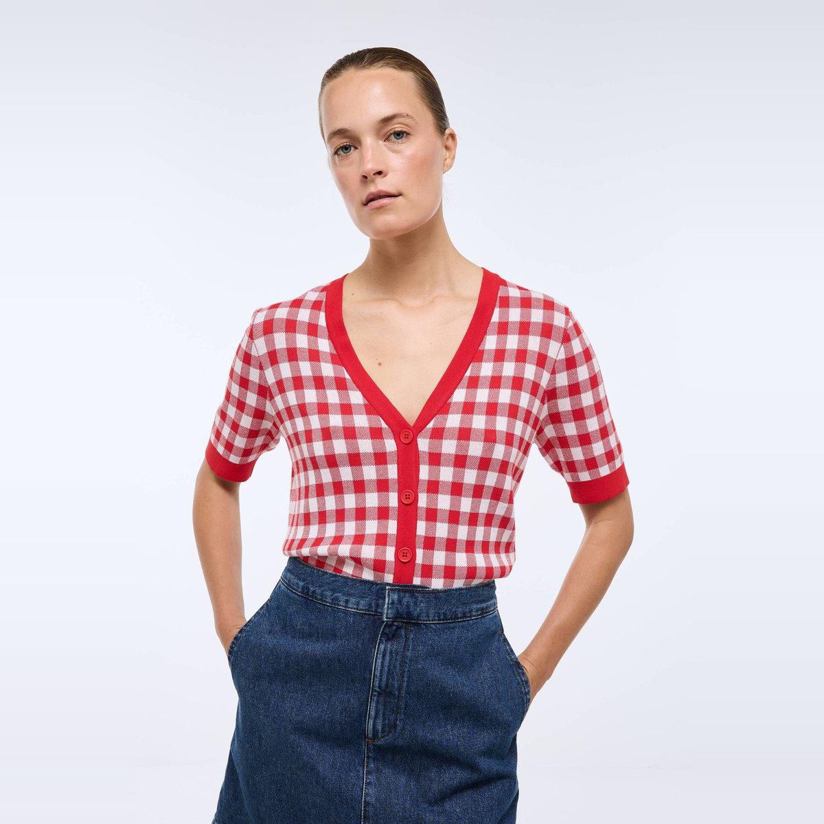 Cardigan manches courtes motif vichy rouge, MONOPRIX