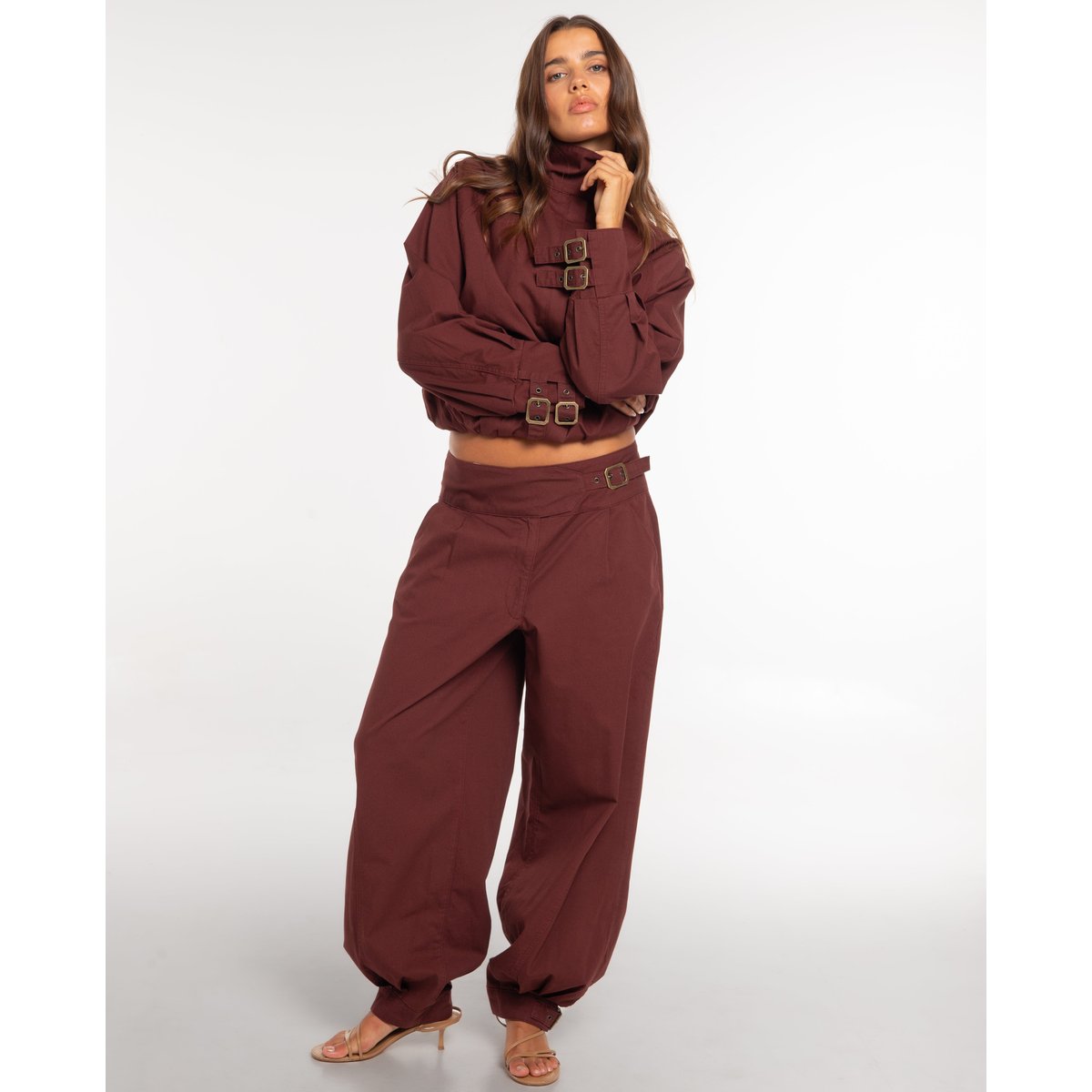 Veste courte style bomber à col montant marron, THE-ARE