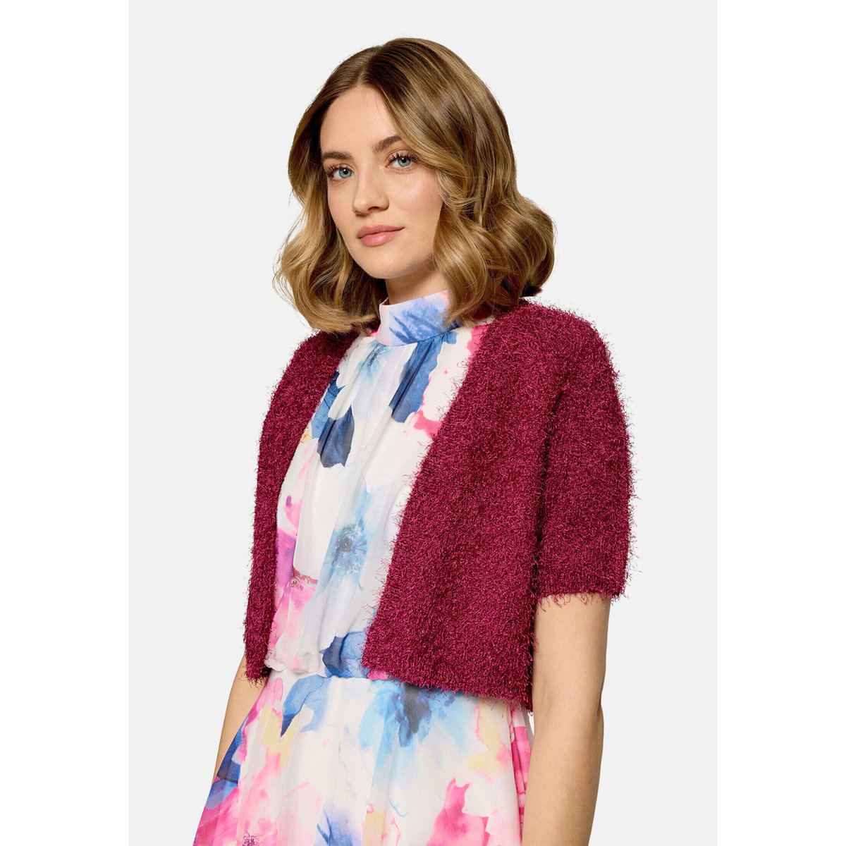 Cardigan en maille d'été à teneur en fil fantaisie dark fuchsia, VERA MONT