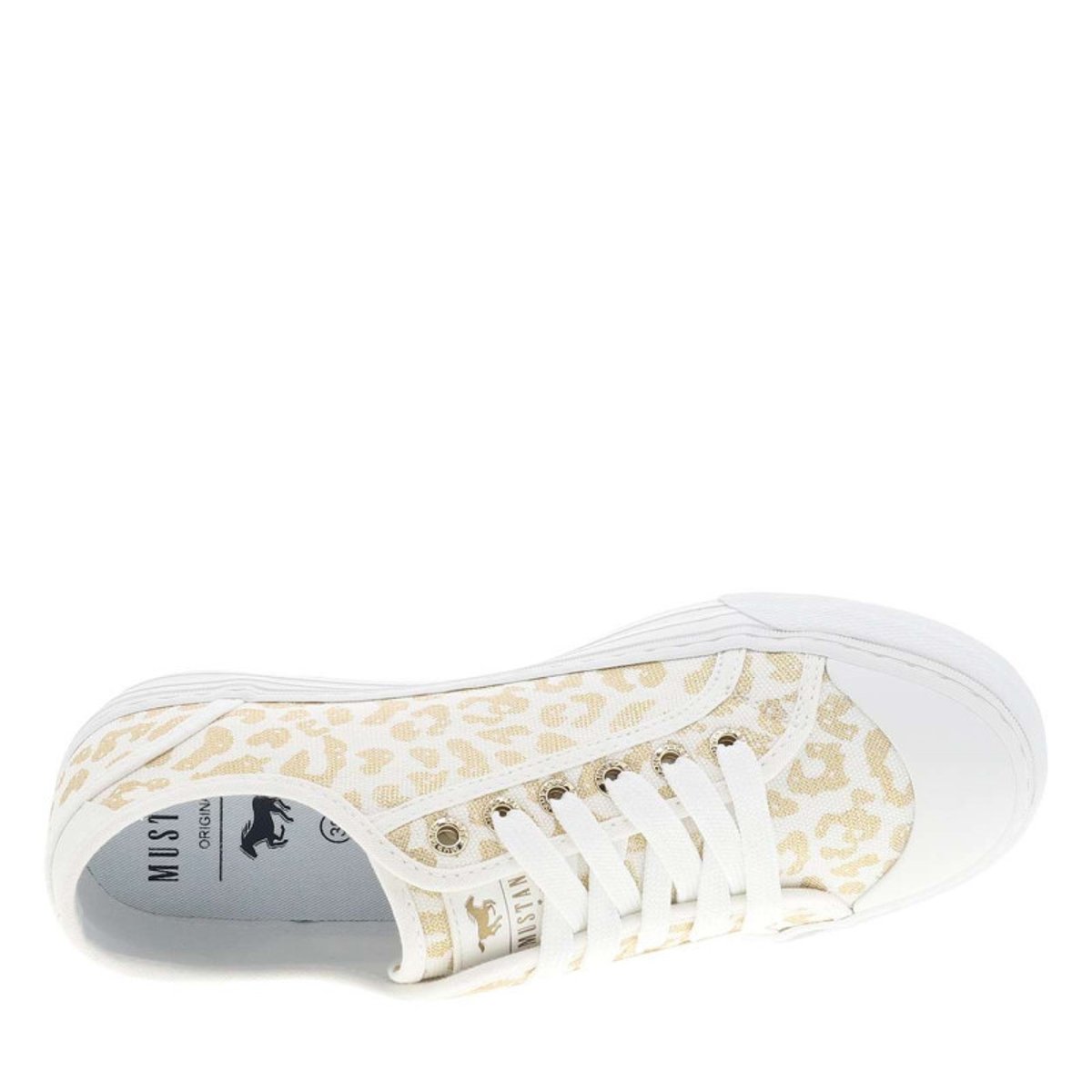 Tennis toile basse blanches avec un talon plat et des lacets blanc, MUSTANG