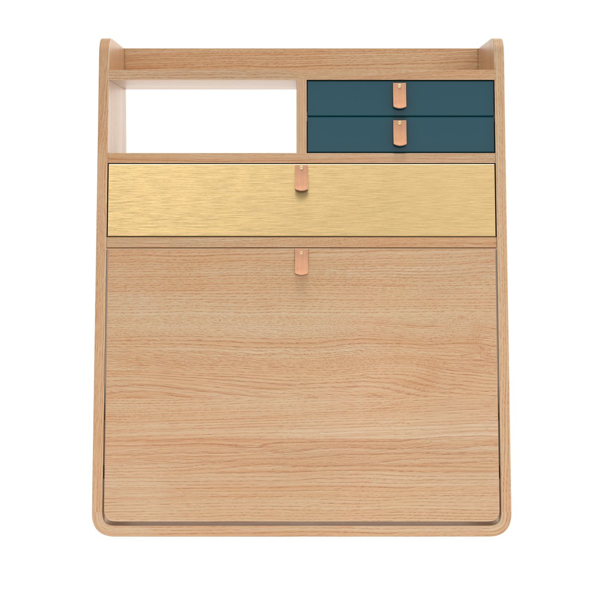 Bureau secrétaire mural en chêne 60 cm, GASTON chêne, bleu pétrole, laiton, HARTO