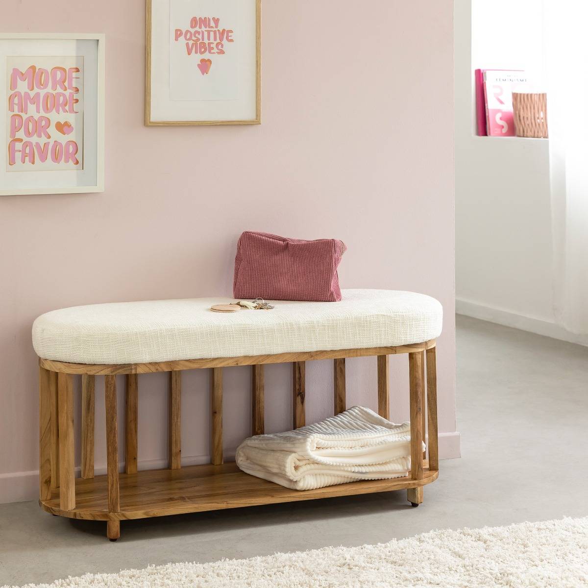 Banc en bois d'acacia et tissu ORANE bois clair, MADE IN MEUBLES