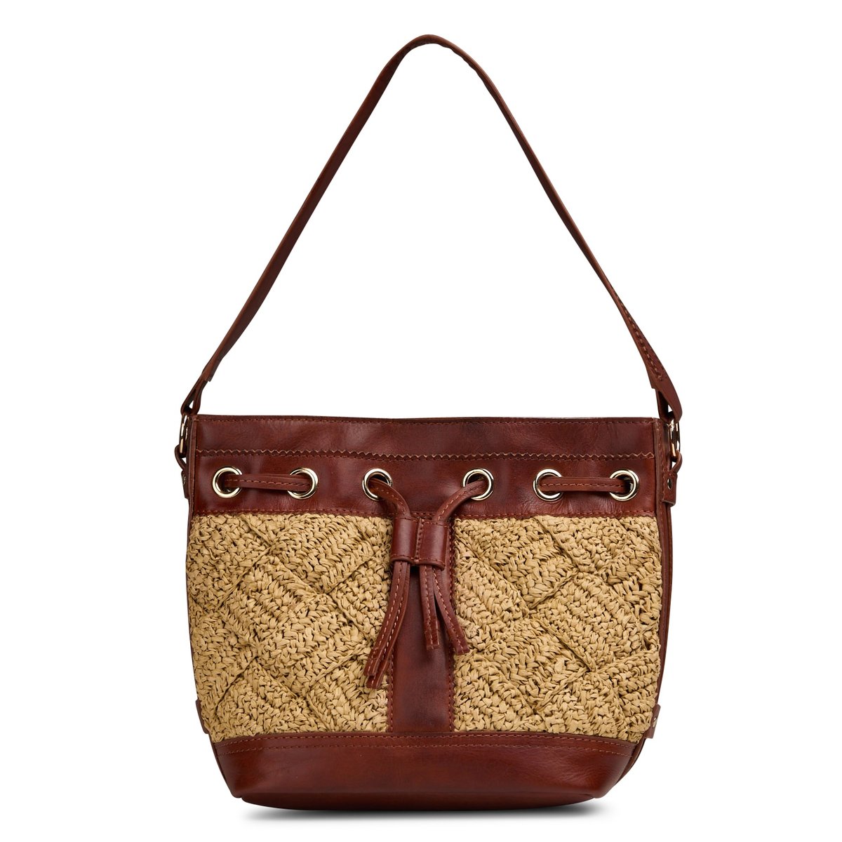 Sac seau en cuir et raphia LUCIEN beige, Maison 123