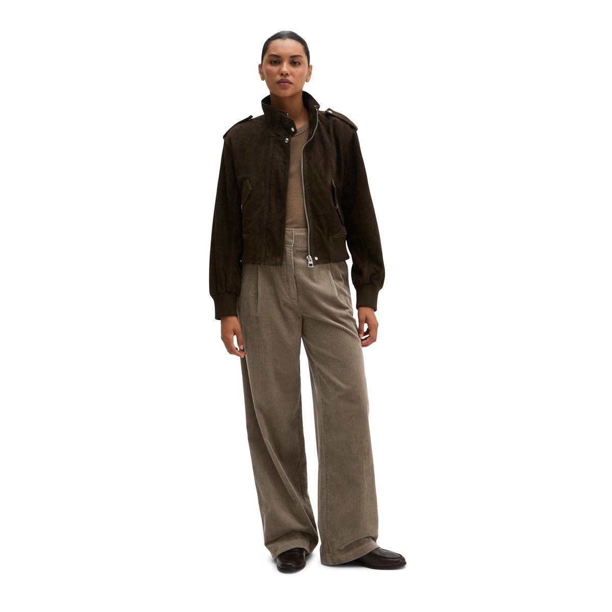 Blouson en cuir coupe classique en cuir de chèvre velours marron, MARC O'POLO