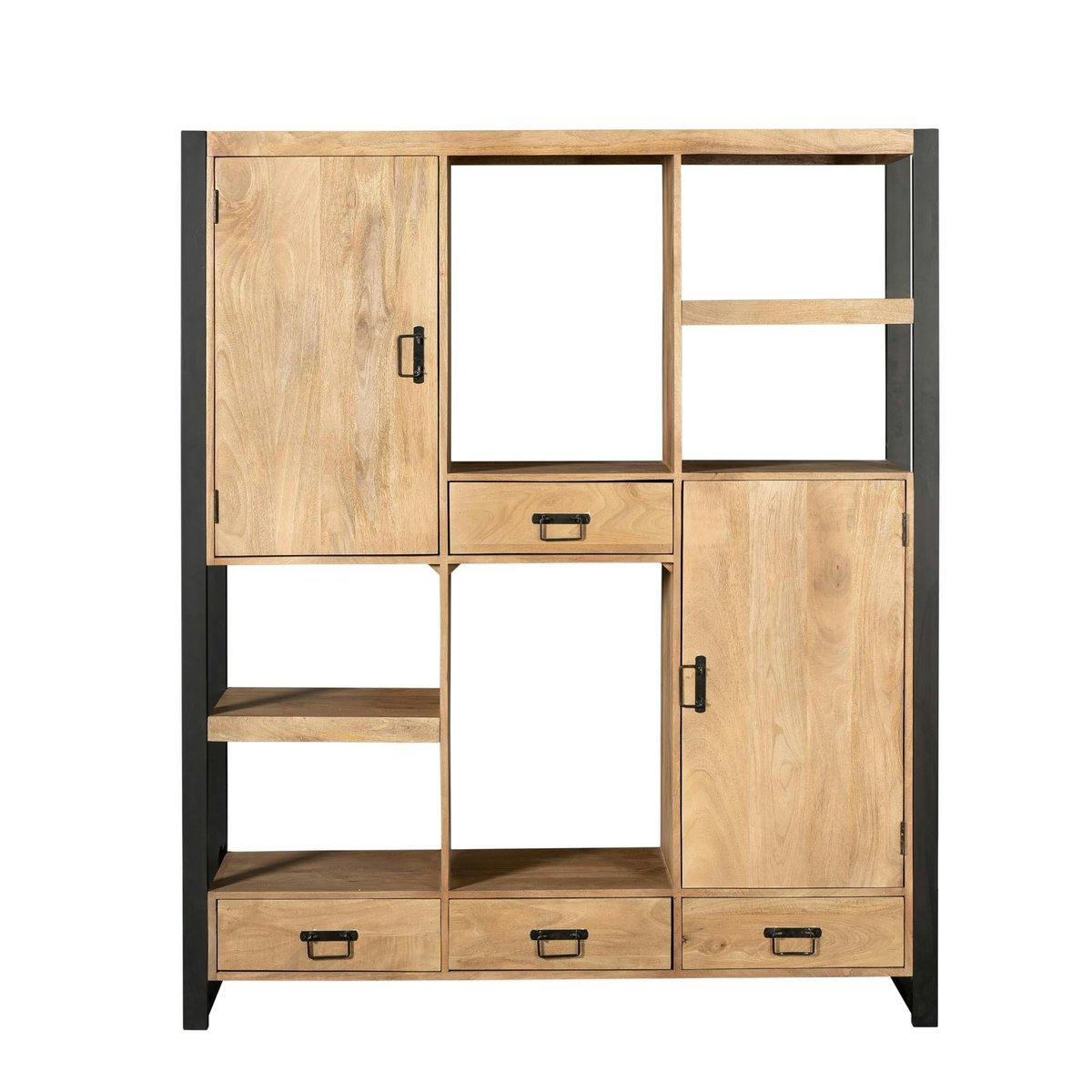 Bibliothèque salon bois clair métal noir avec rangement MILORA bois naturel, PIER IMPORT