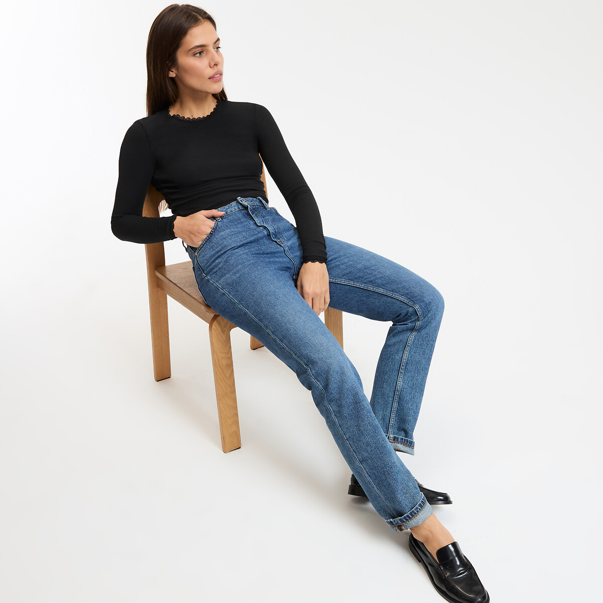 Crew Neck T-Shirt with Lace Details black, LA REDOUTE COLLECTIONS