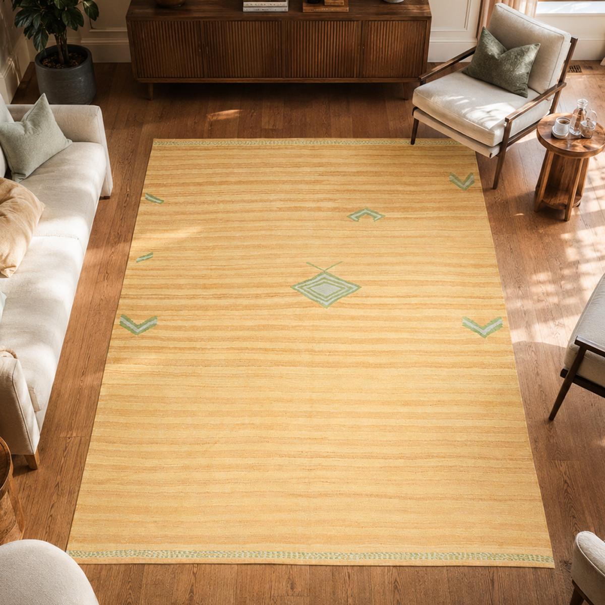 Tapis kilim géométrique, tissé plat en laine, KELIM KU 3 jaune, beige, vert, UN AMOUR DE TAPIS