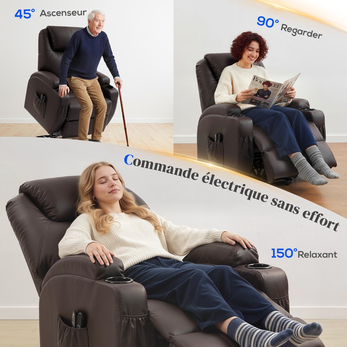 Fauteuil releveur électrique PU Marron marron foncé, HOMCOM