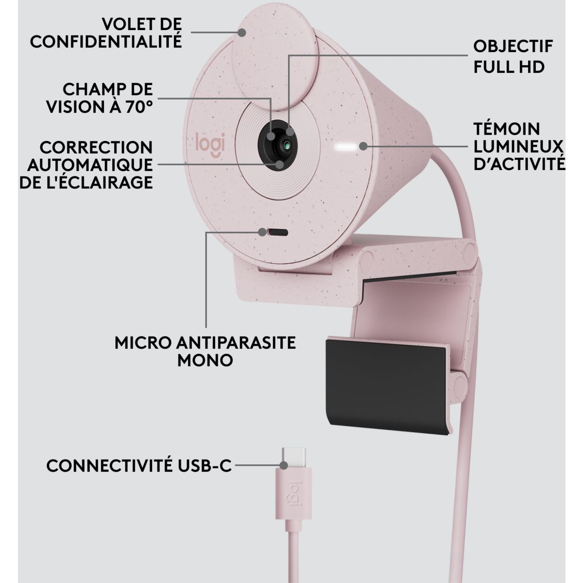 Webcam Brio 300 Full HD avec micro - Rose couleur unique, LOGITECH