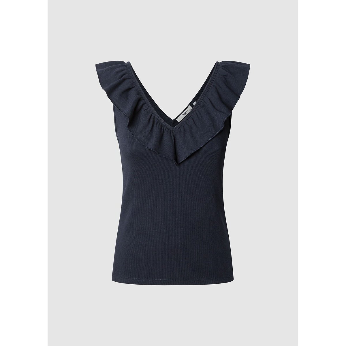 V-Neck, Ruffled, Ribbed T-Shirt midnight blue, PEPE JEANS