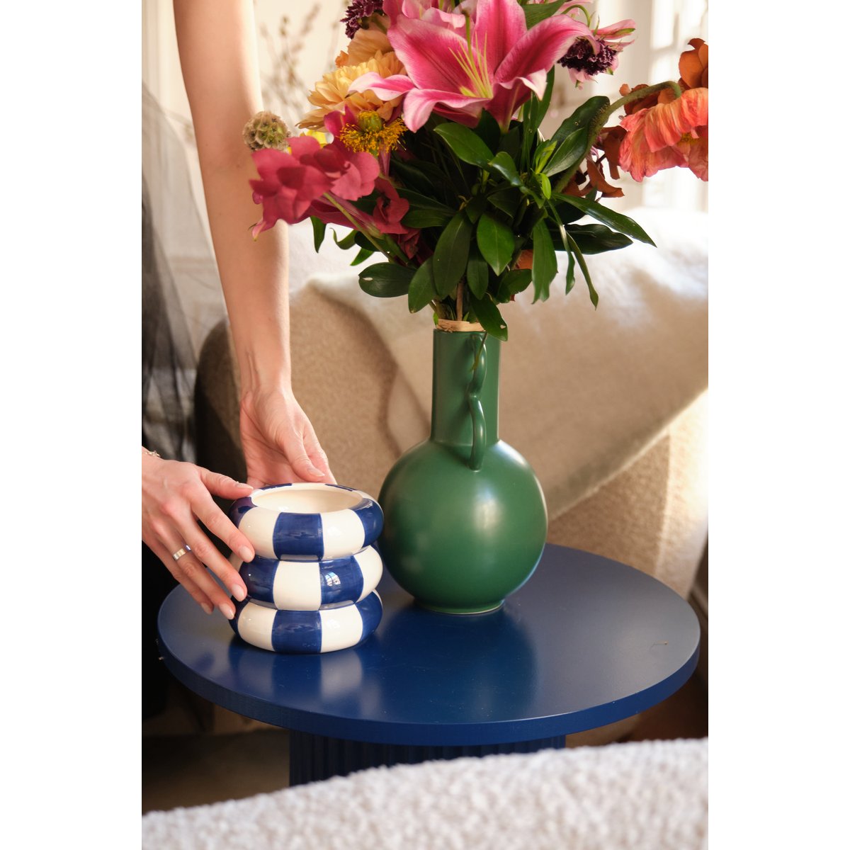 Cache-pot de fleurs bouée rayé en céramique - BERLIN bleu, POTIRON PARIS