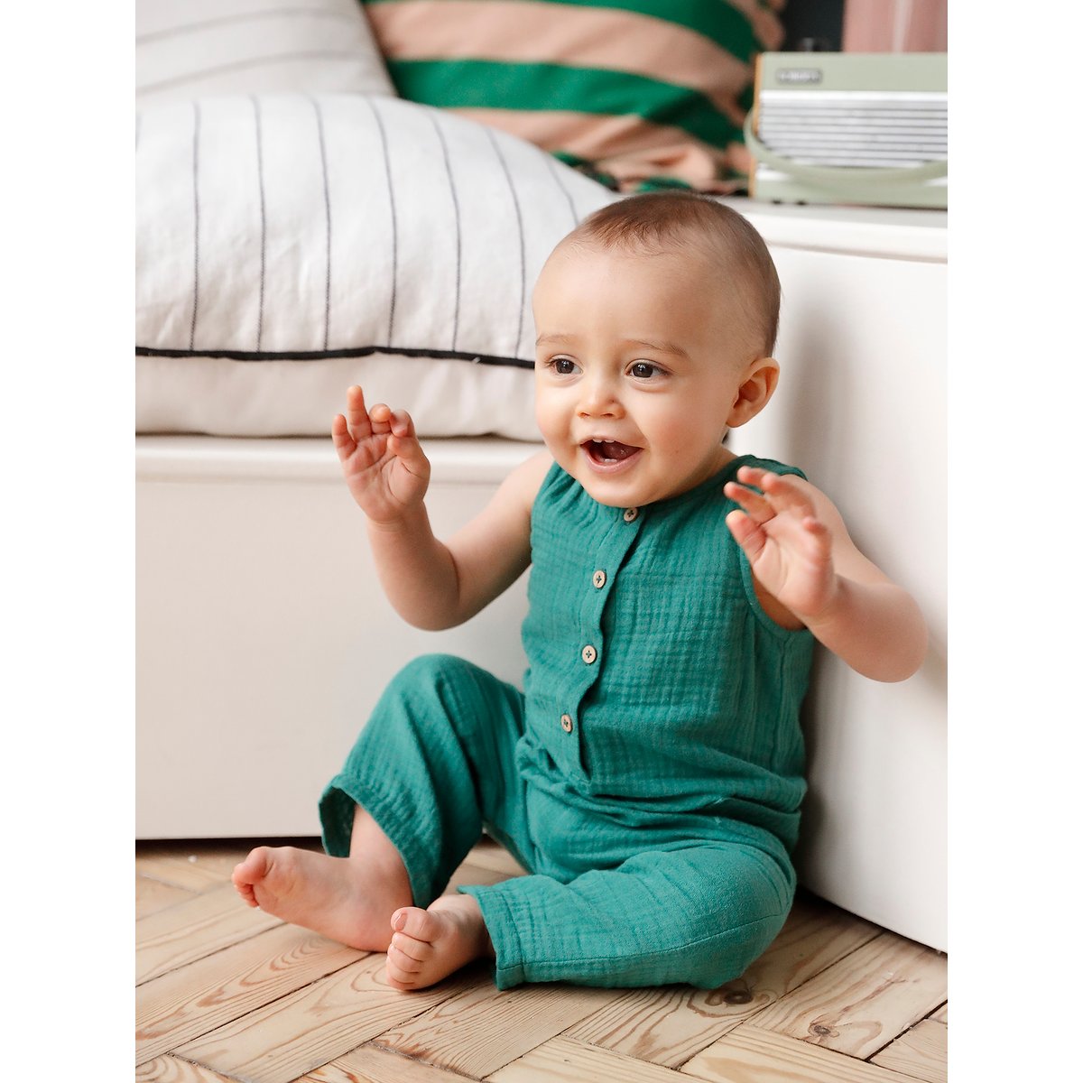 Combinaison longue bébé gaze de coton vert émeraude, VERTBAUDET