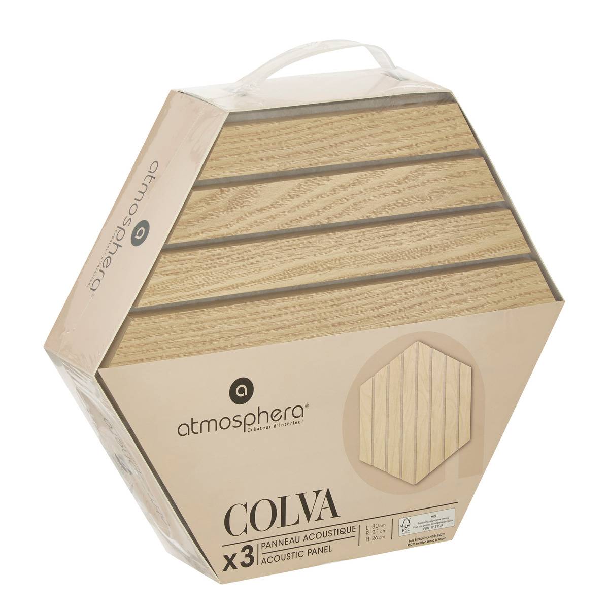 Lot de 3 panneaux décoratifs hexagonaux acoustiques effet bois COLVA beige, ATMOSPHERA