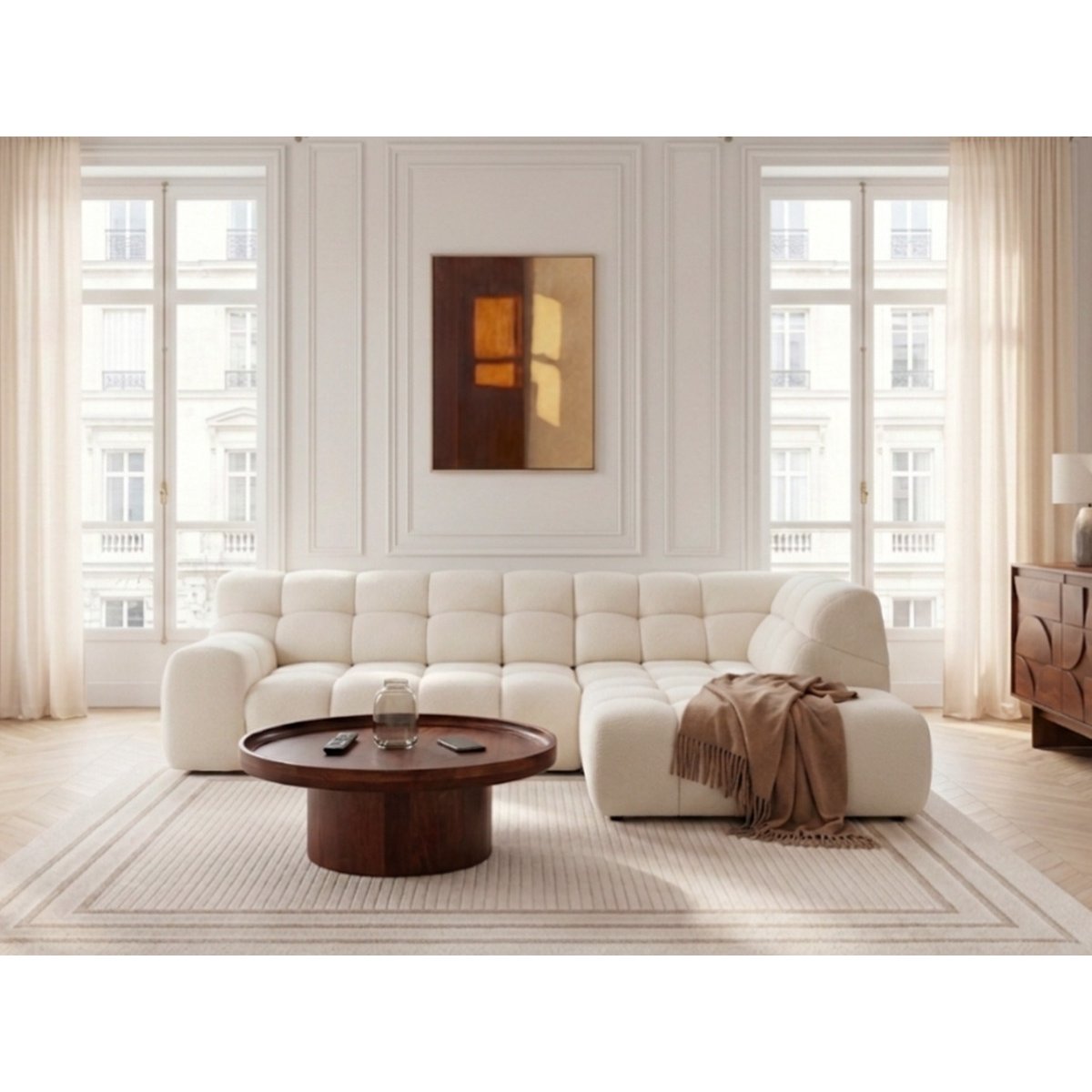 Canapé d'angle convertible 4 places en tissu chenille, ANDRE blanc, BOBOCHIC