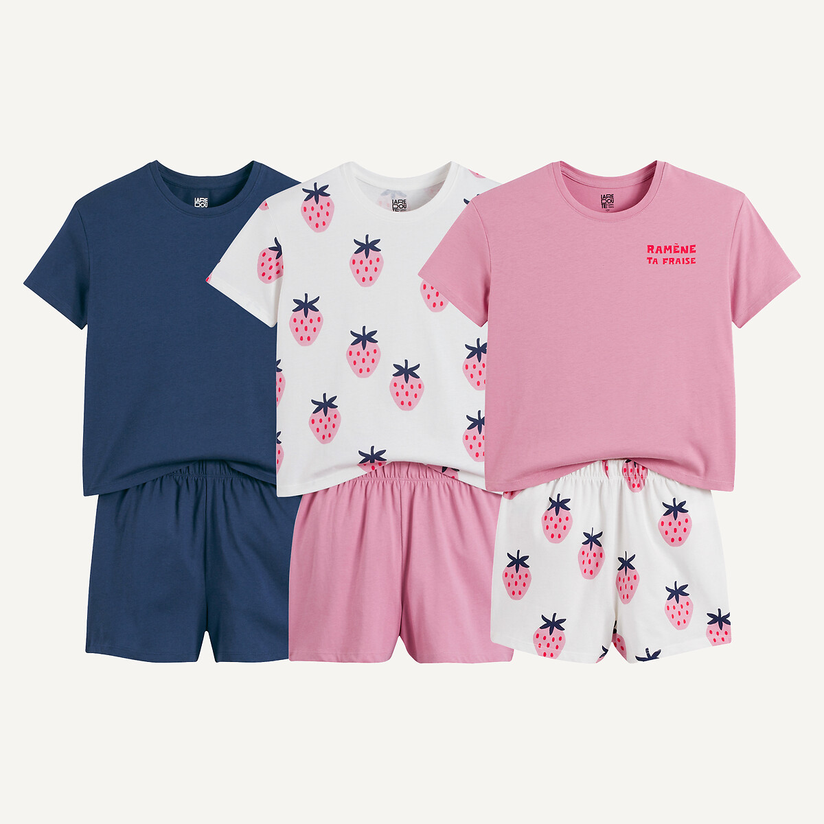 Lot de 3 pyjashorts coton marine + rose + écru, LA REDOUTE COLLECTIONS