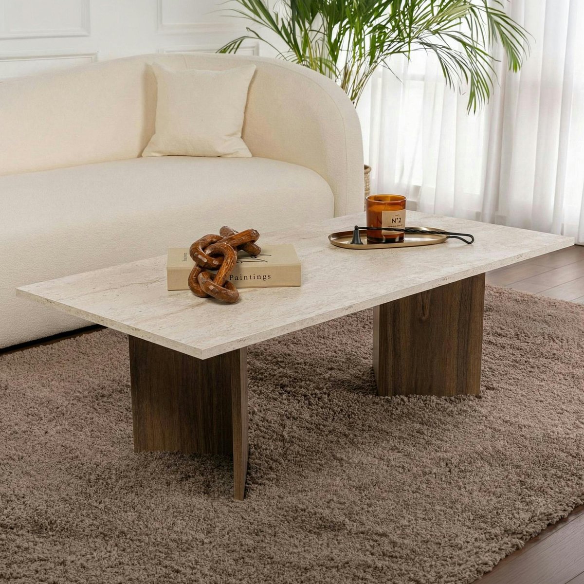 Table basse rectangulaire- pieds V MARFA travertin et noyer, PIER IMPORT