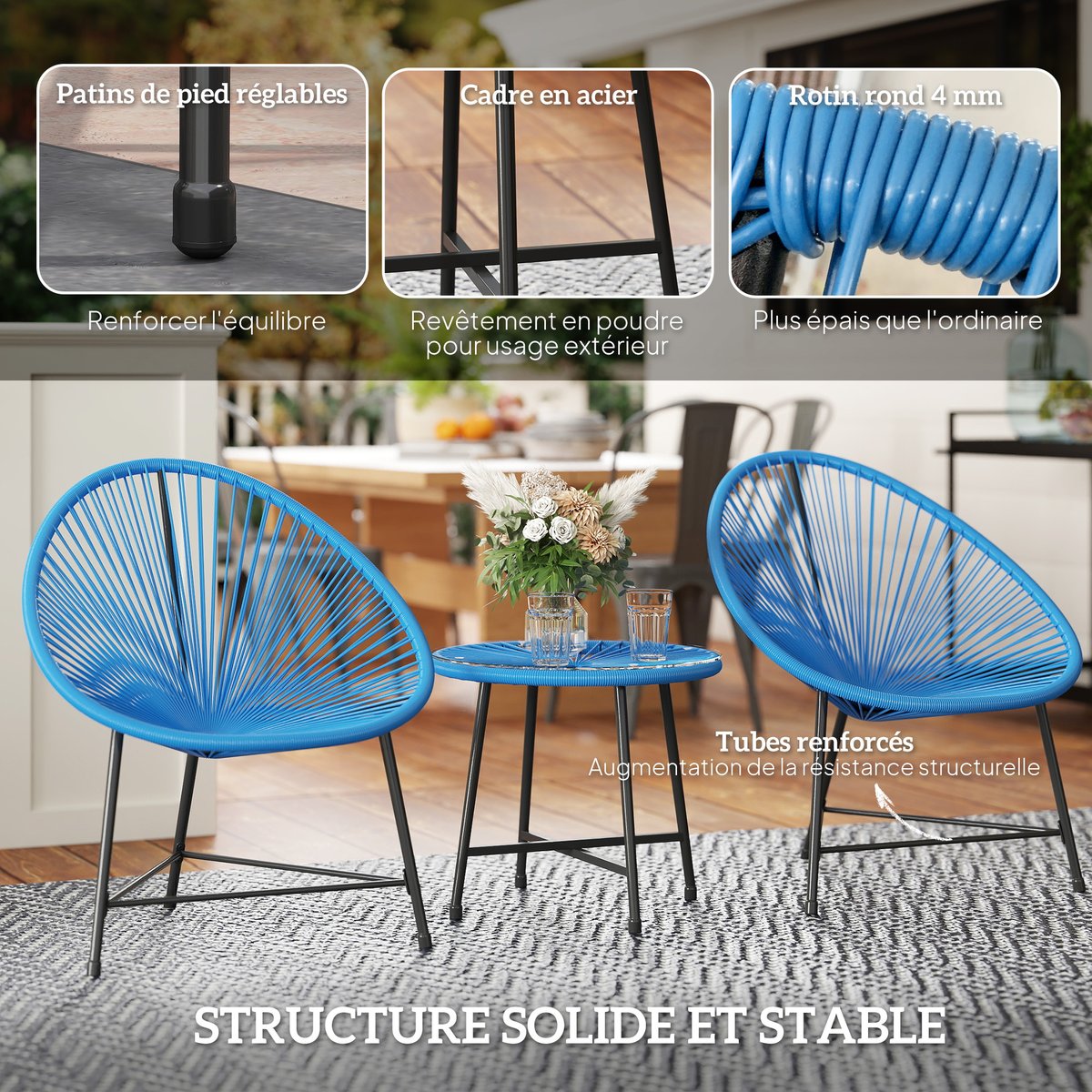 Ensemble de bistro en rotin Acier Bleu bleu, OUTSUNNY