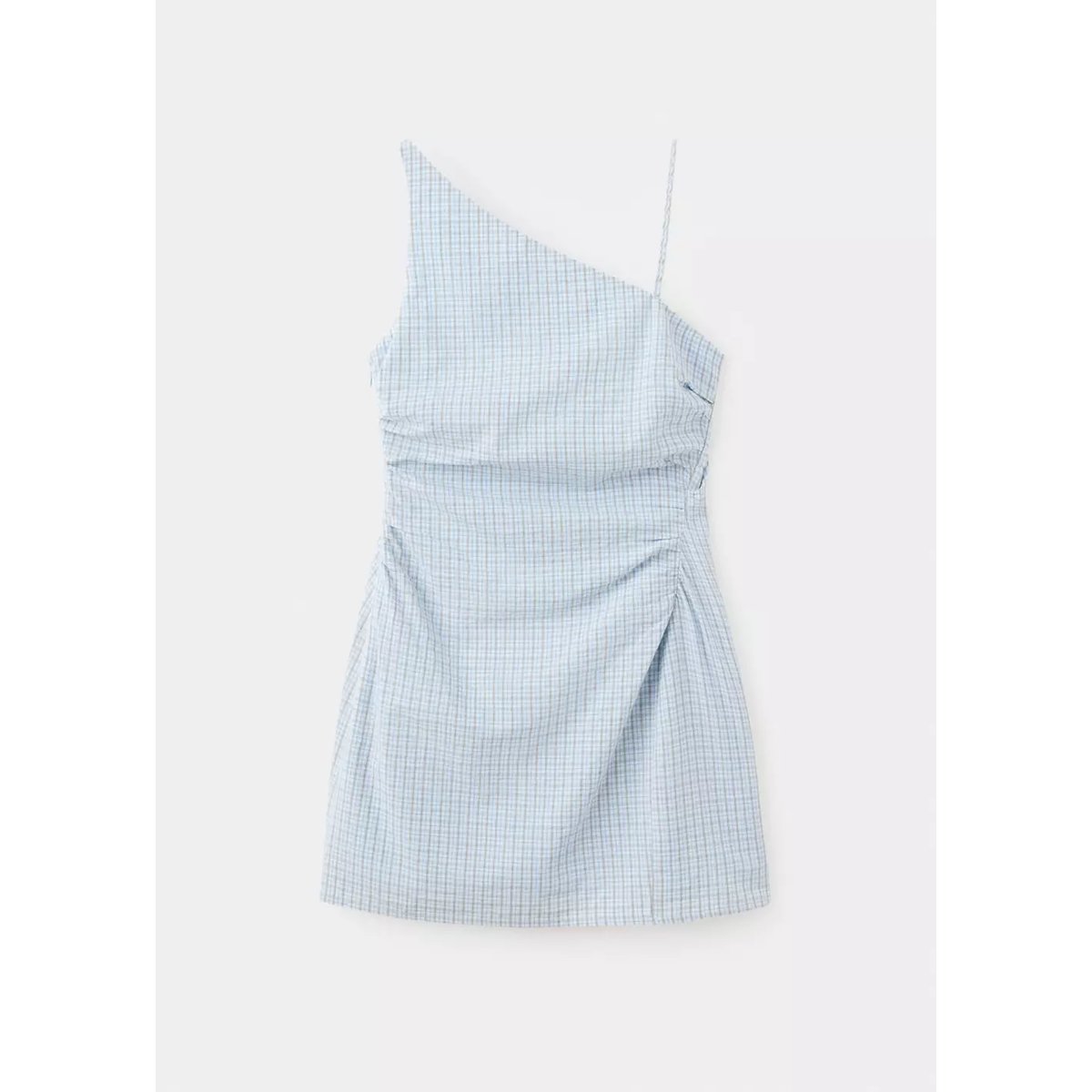 Robe asymétrique froncée carreaux bleu ciel, MANGO