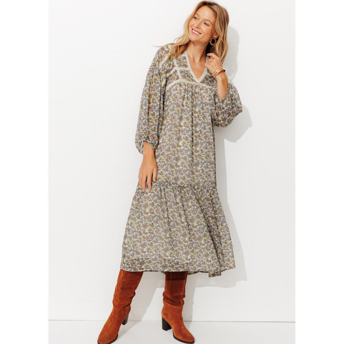 Robe longue à fleurs imprimé écru, PROMOD
