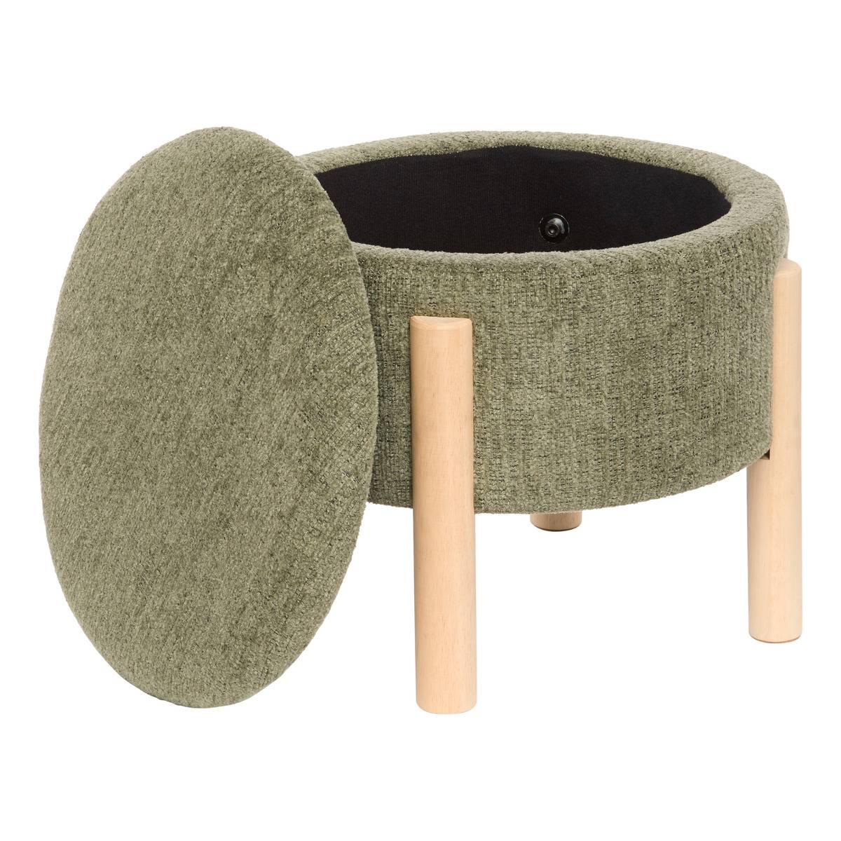 Tabouret coffre en tissu chenille ELKI vert kaki, ATMOSPHERA
