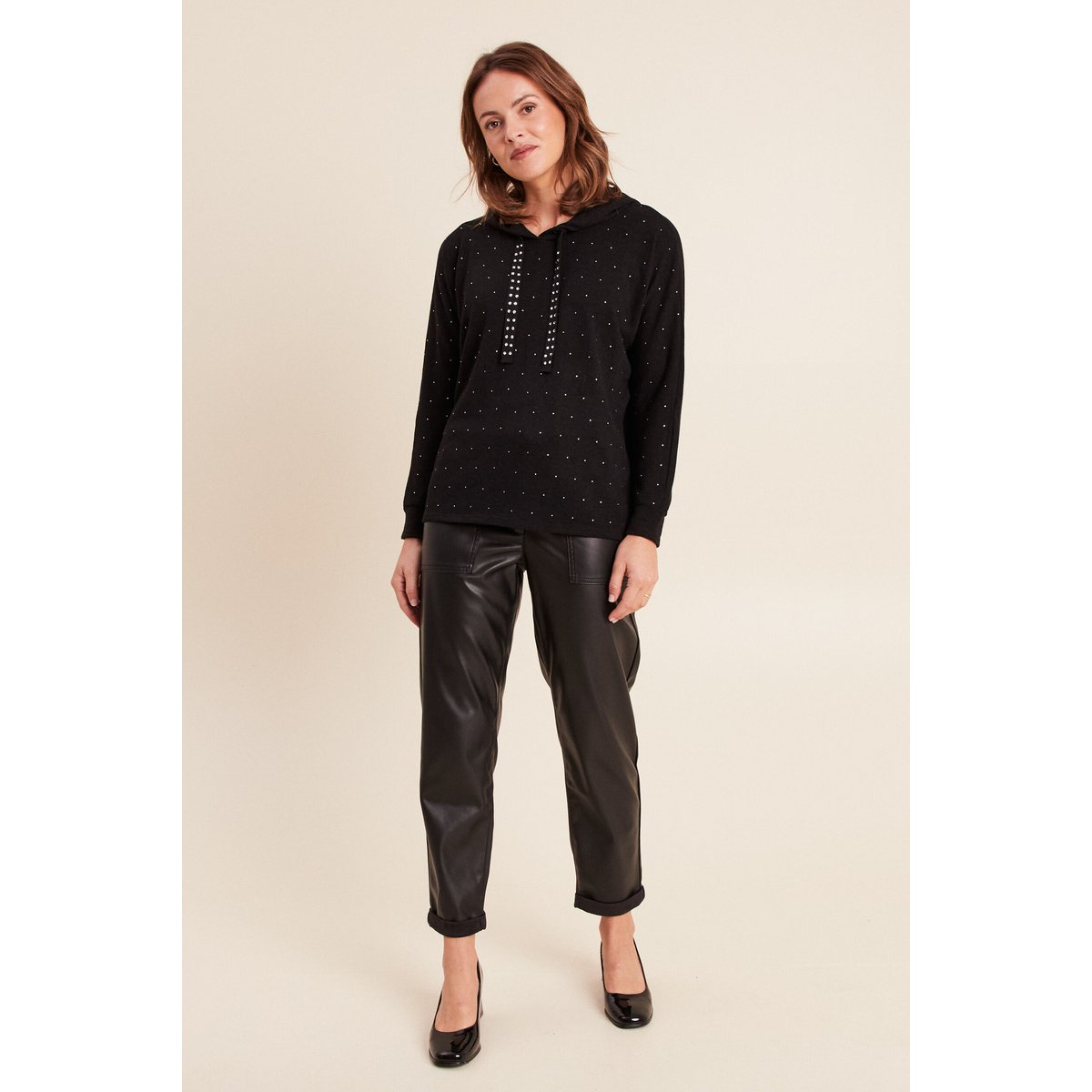 Pull à capuche manches longues strass noir, BREAL