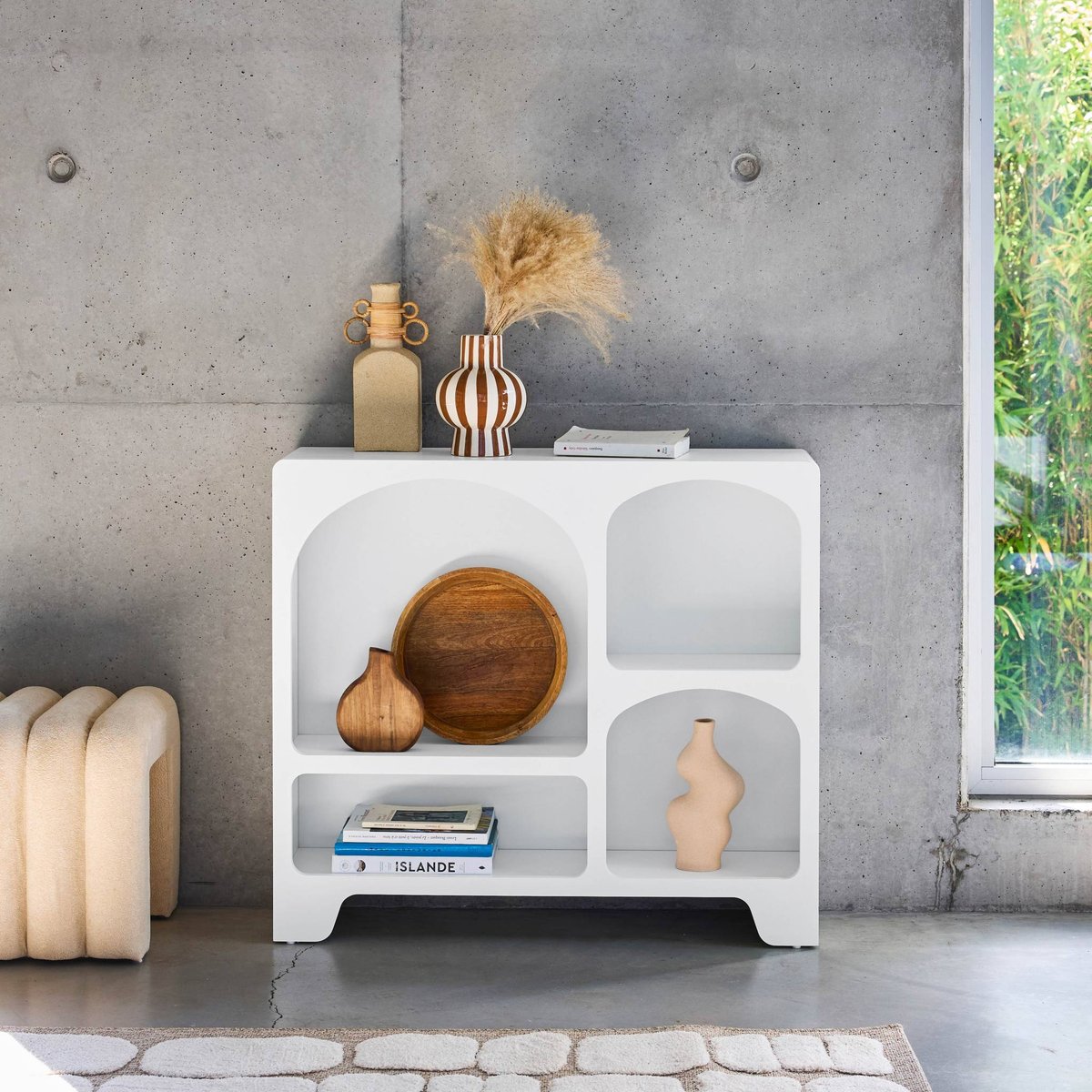 Buffet organique décor bois 4 compartiments 90cm THESSA blanc, SWEEEK