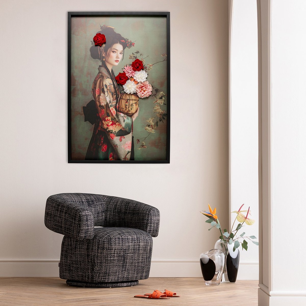Tableau femme en kimono bouquet 3D multicolore, KARE DESIGN