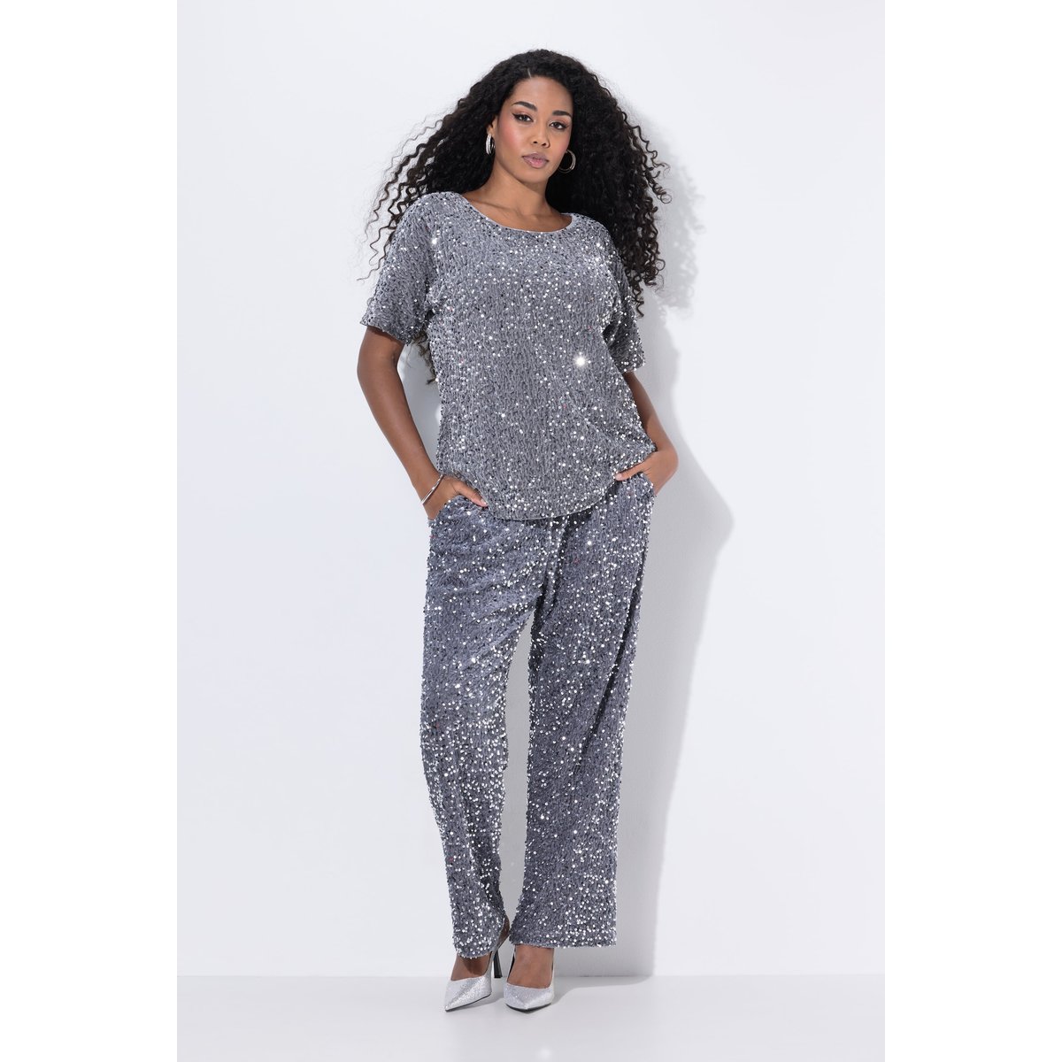 Pantalon de costume en velours à paillettes argent, ULLA POPKEN