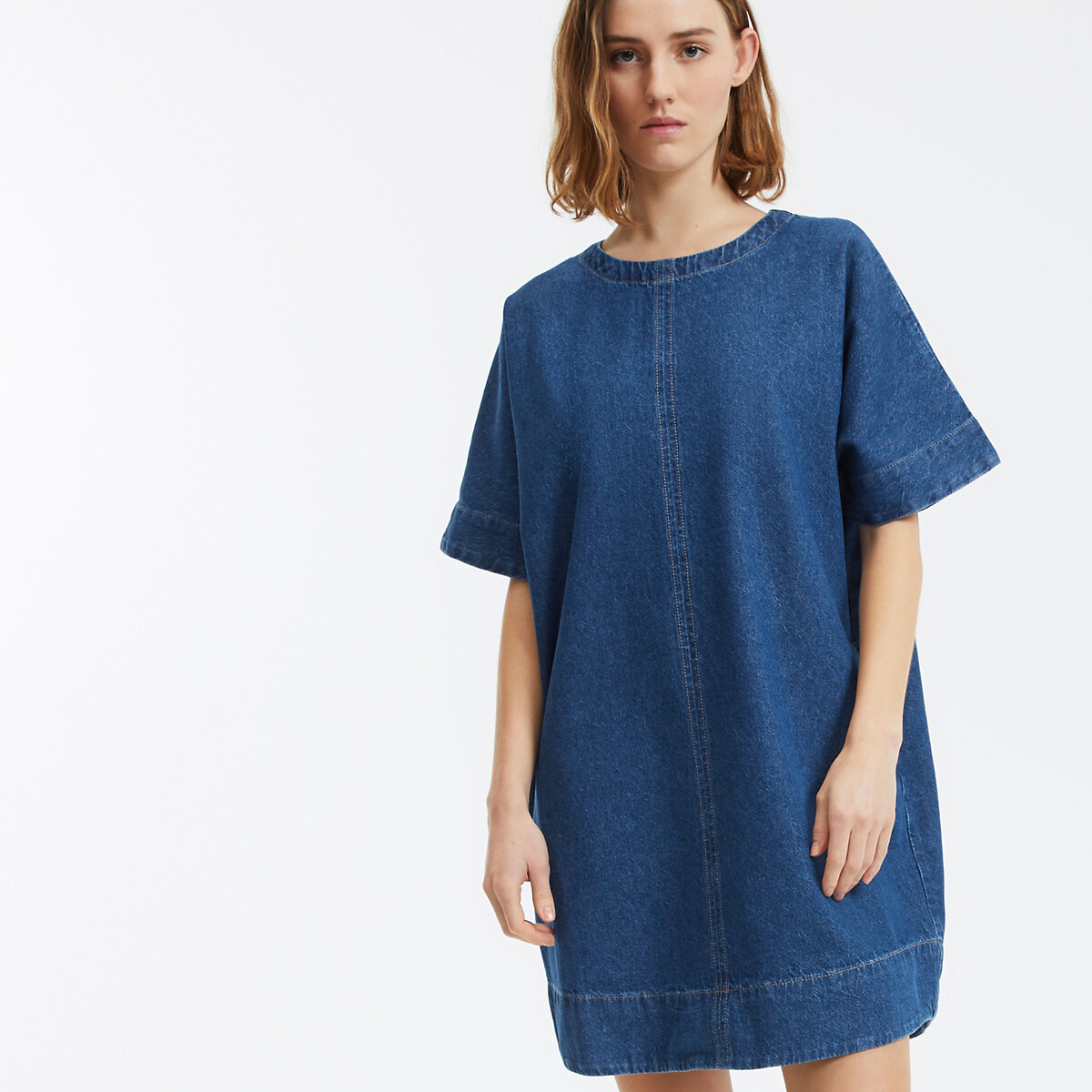 Flared Denim Dress with Short Sleeves untreated blue, LA REDOUTE COLLECTIONS