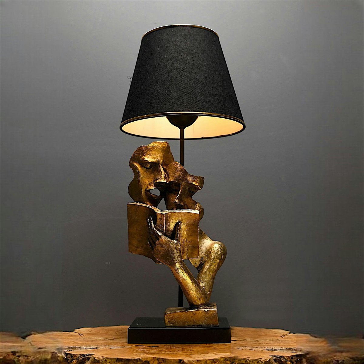 Lampe de salon décorative noire & or, visages et livre SILE doré, PIER IMPORT
