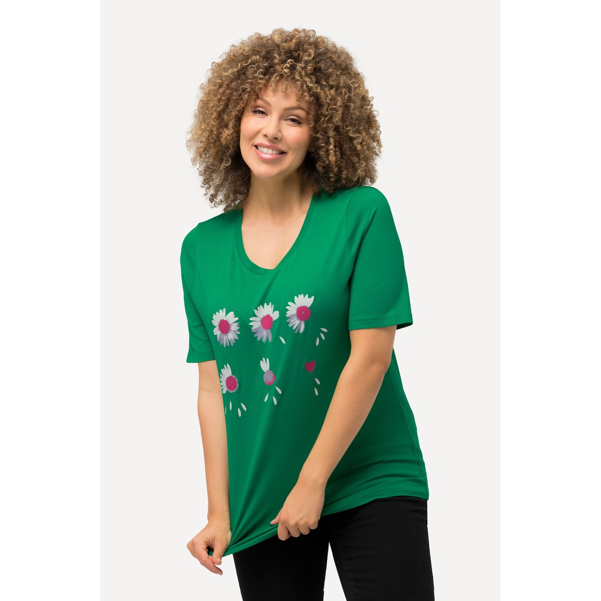 T-shirt à fleurs. Coupe Classic Fit. Col vert émeraude, ULLA POPKEN