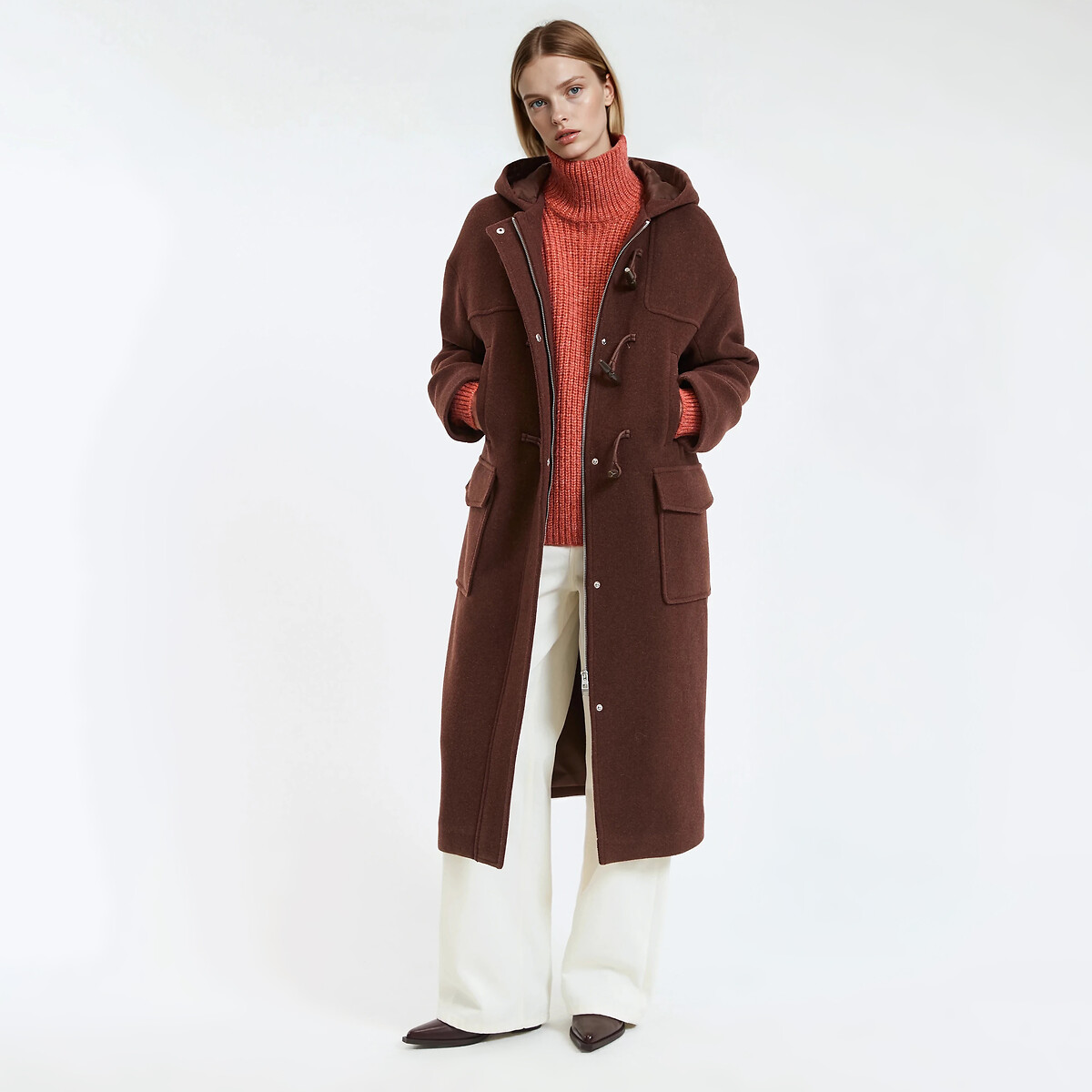 Duffle-coat long à capuche, plein hiver marron, LA REDOUTE COLLECTIONS