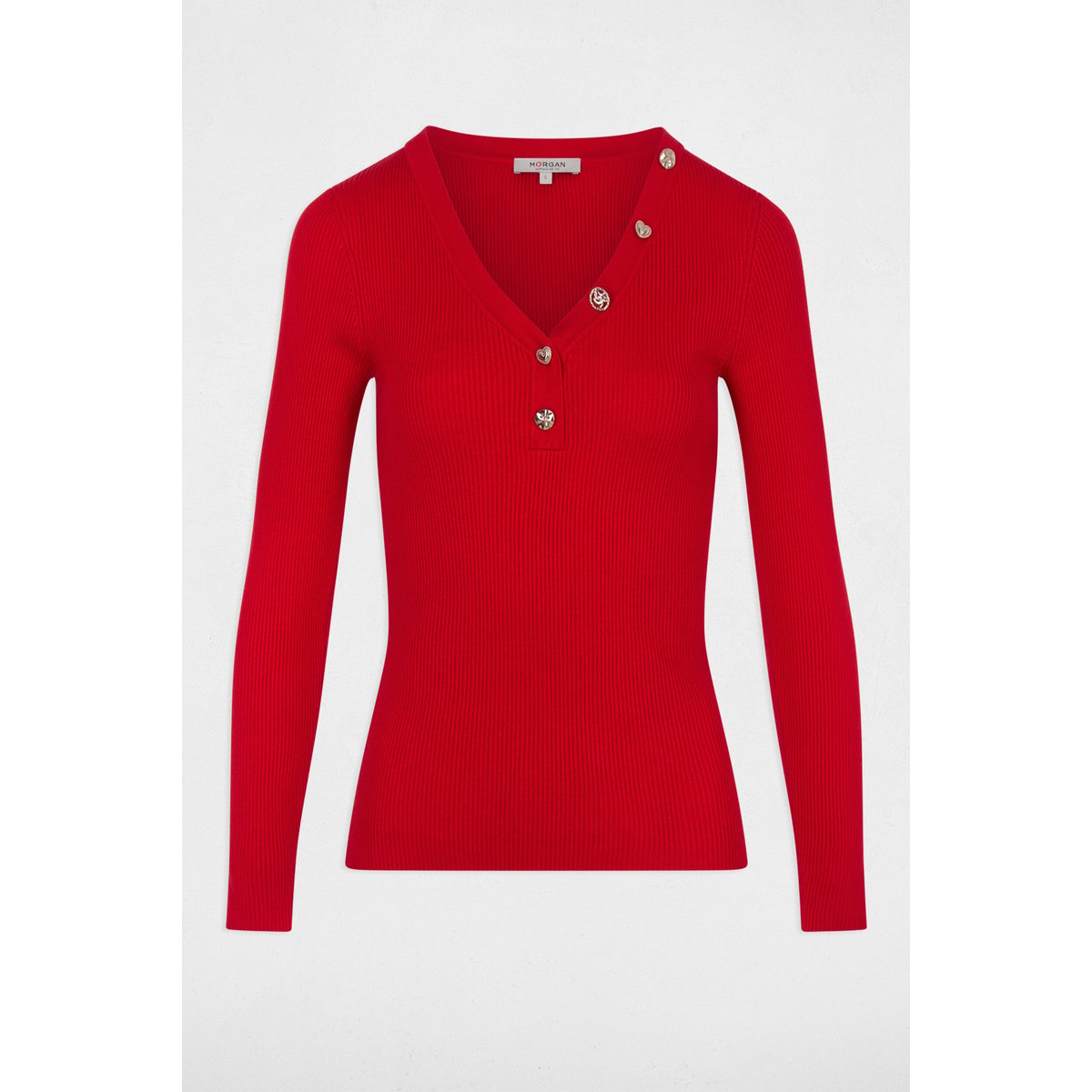 Pull col v fantaisie rouge, MORGAN