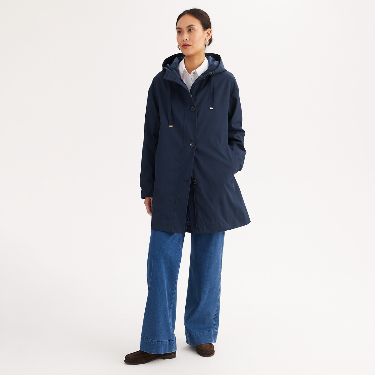Parka mi-longue, capuche fixe, fermeture zippée, mi-saison bleu marine, ANNE WEYBURN